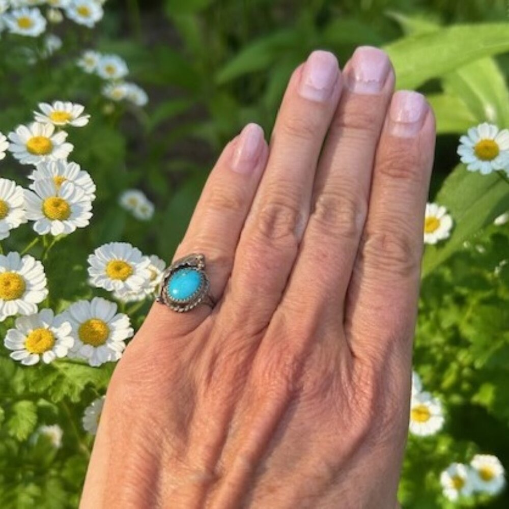 925 Silver Turquoise Feather Shadow Box RING - Picture 3 of 9
